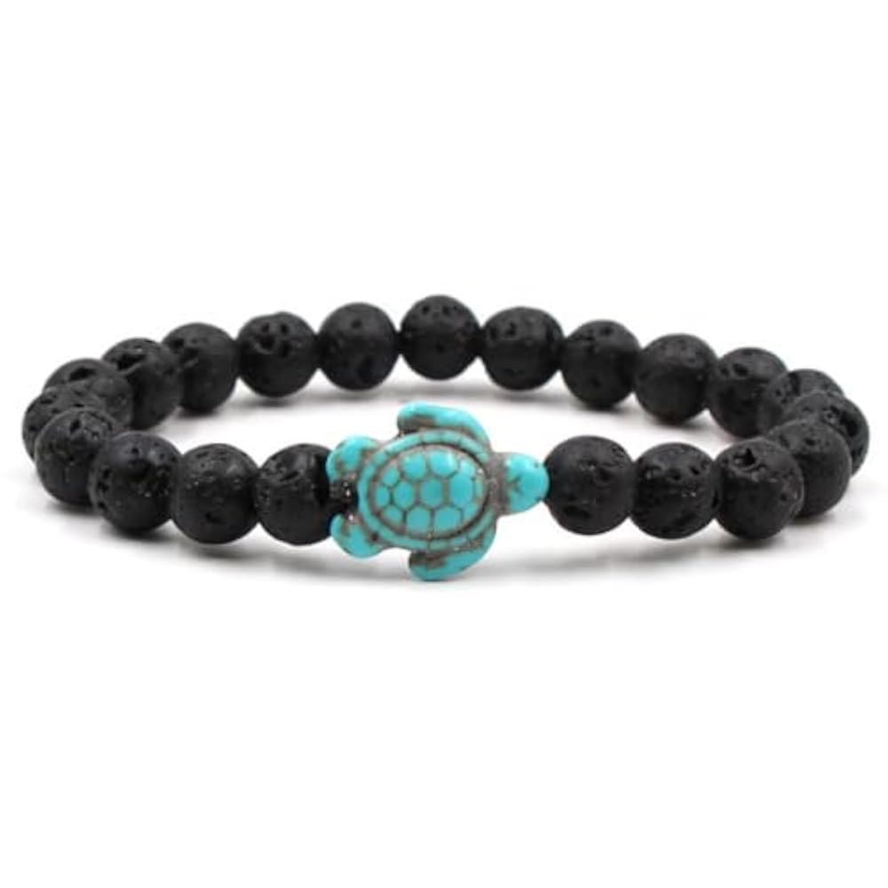 Stone Beads Bracelet Lava Stone and Blue Turquoise Turtle